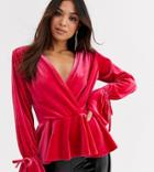 John Zack Petite Velvet Wrap Front Fluted Hem Top In Pink