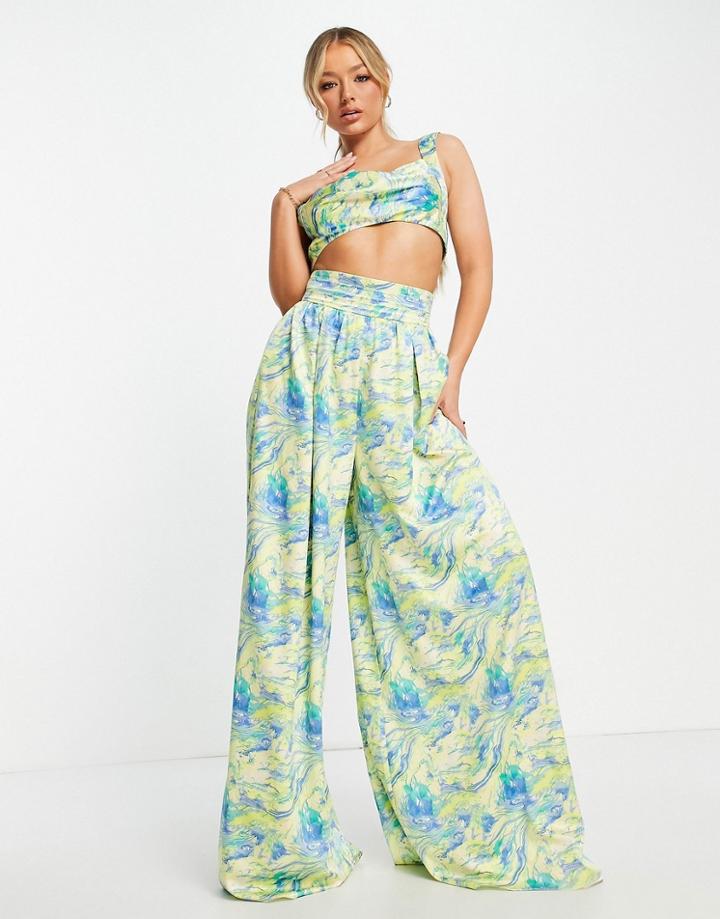 Asos Luxe Wide Leg Satin Pants In Marble Print - Part Of A Set-multi