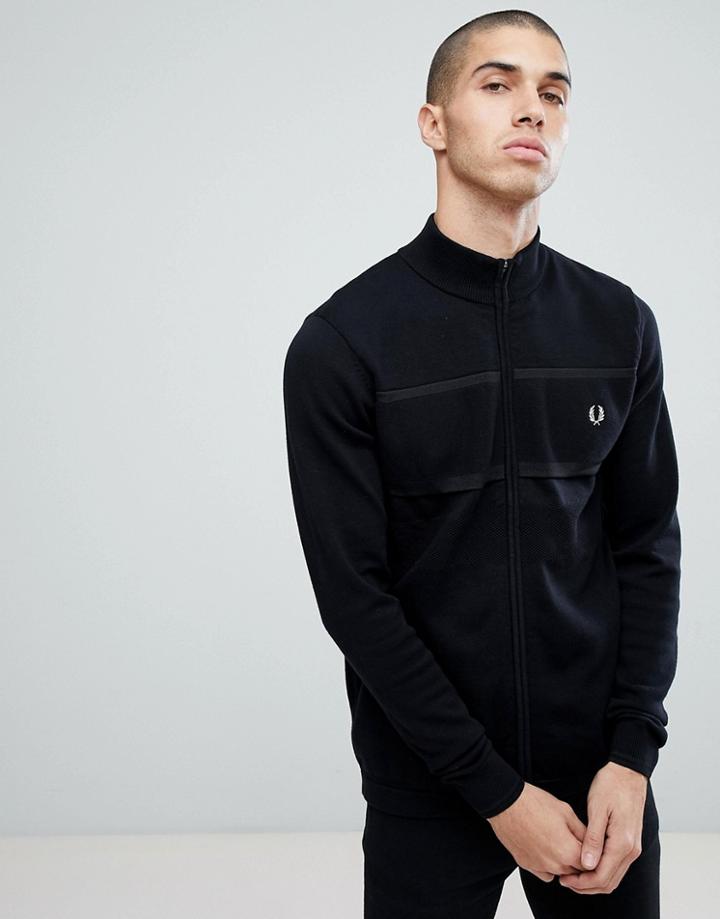 Fred Perry Textured Zip Through Cardigan In Black - Black