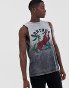Asos Design Sleeveless T-shirt With Dropped Armhole And Tiger Print In Bleach Wash-gray