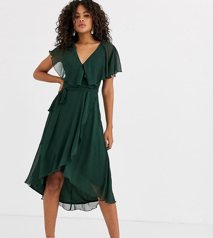 Asos Design Tall Cape Back Dipped Hem Midi Dress-green