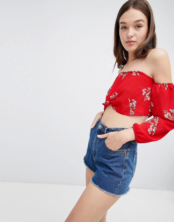 Parisian Off Shoulder Floral Crop Top - Red