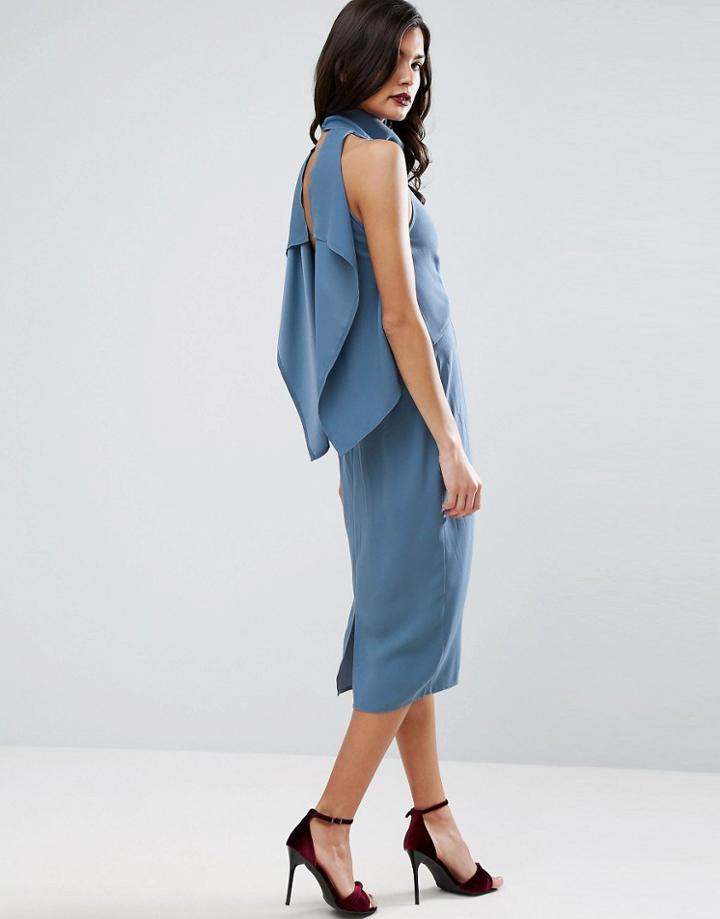 Asos High Neck Waterfall Back Pencil Midi Dress - Blue
