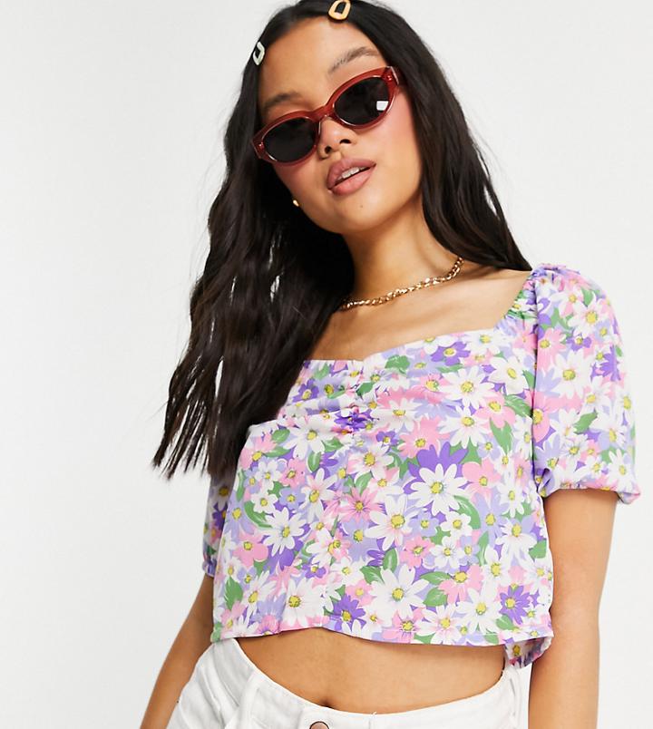 Vila Petite Square Neck Crop Top In Floral-multi