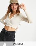 Reclaimed Vintage Inspired Ribbed Polo Long Sleeve Top In Stone-neutral