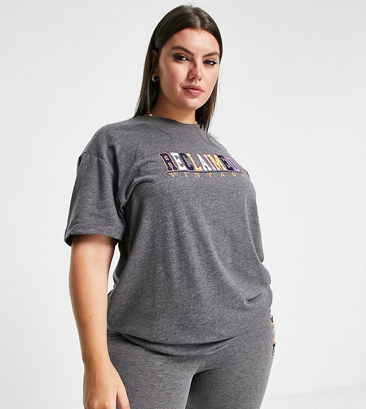 Reclaimed Vintage Inspired Plus T-shirt In Washed Charcoal With Logo-grey