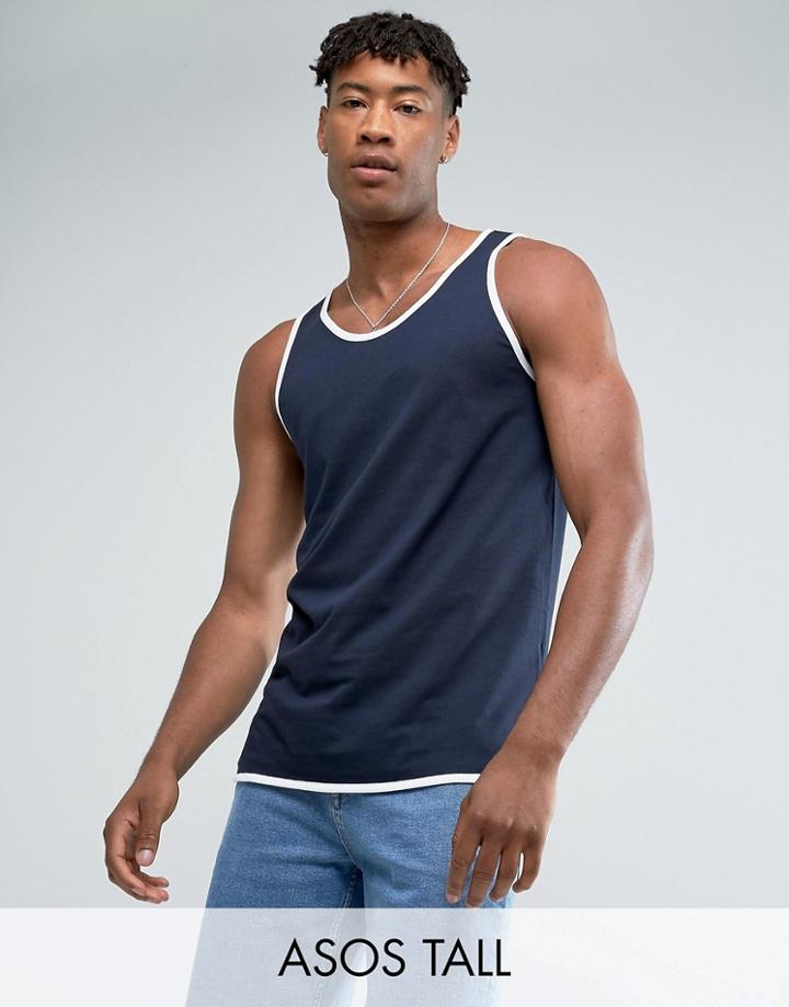 Asos Tall Longline Skater Tank With Contrast Bound Hem - Navy
