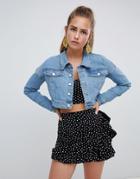 Prettylittlething Mid Wash Cropped Denim Jacket - Blue