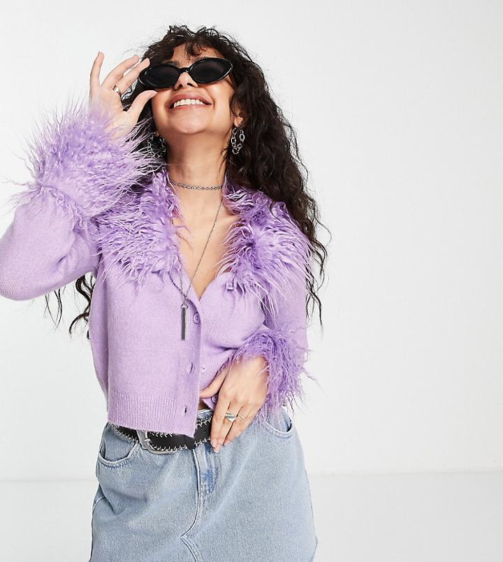 Asos Design Petite Cardigan With Detachable Faux Fur Trims In Lilac-purple
