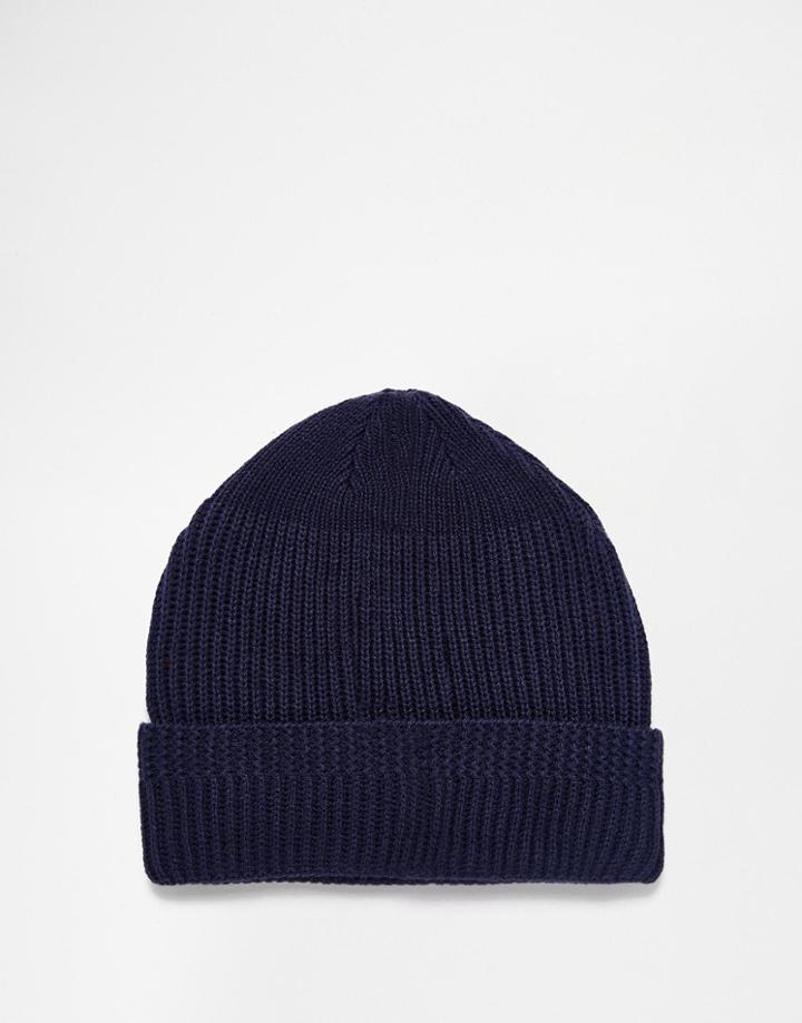Asos Fisherman Beanie With Stitch Detail - Navy