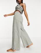 Fashion Union Exclusive High Waist Wide Leg Beach Pants In Khaki Plaid-green