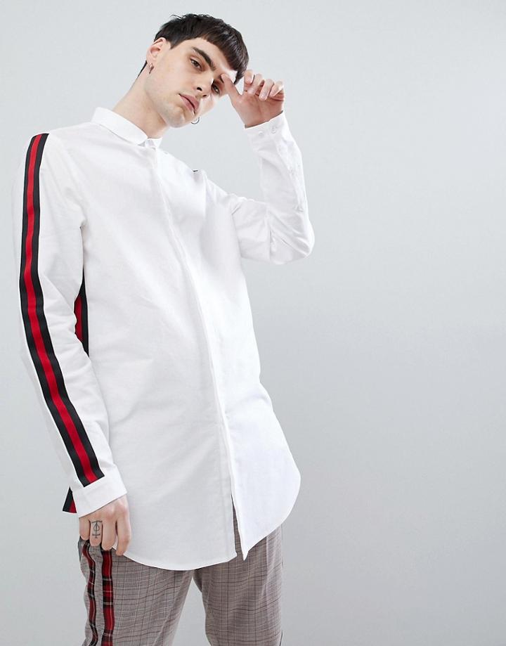 Asos Design Regular Fit Super Longline Oxford Shirt With Taping - White