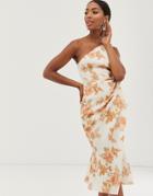 Asos Design One Shoulder Tuck Detail Midi Dress In Floral Print-multi