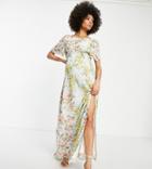 Hope & Ivy Maternity Cowl Back Split Maxi Dress In Sage Floral-green