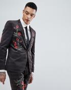 Asos Skinny Velvet Check Suit Jacket With Floral Embroidery - Brown