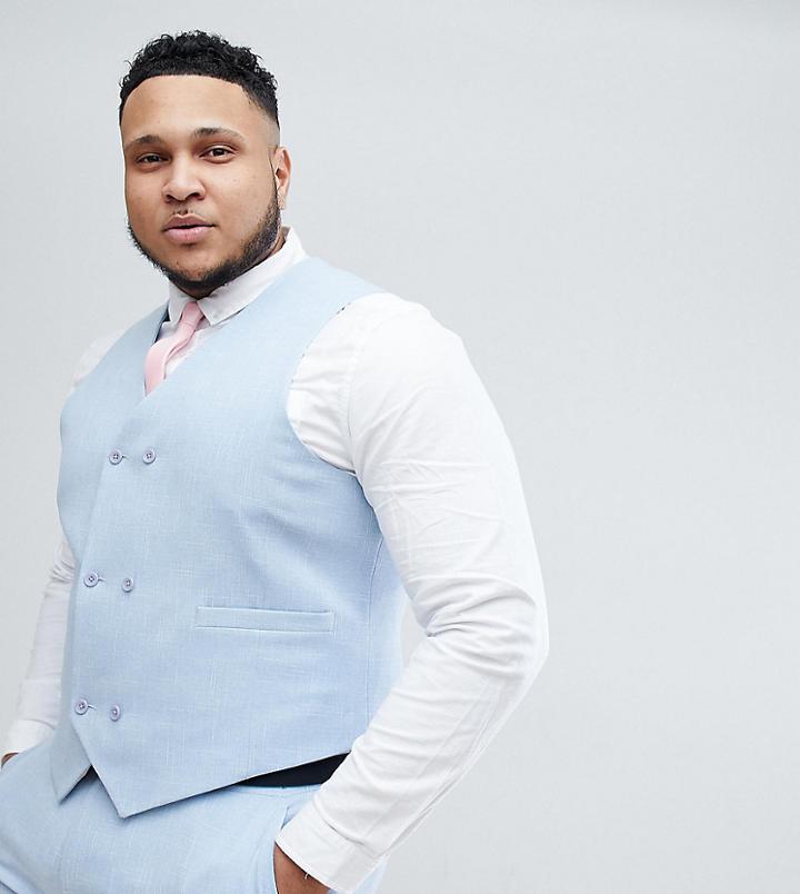 Asos Plus Wedding Skinny Suit Vest In Soft Blue Cross Hatch With Printed Lining - Blue
