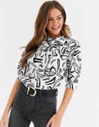 Asos Design Short Sleeve Top With Asymetric Neck Tie In Abstract Print - Multi
