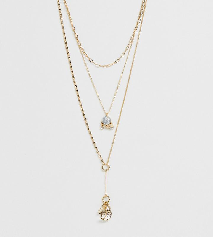 Asos Design Curve Multirow Necklace With Celestial Charms And Delicate Lariat Profile In Gold