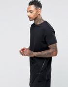 Asos Super Longline T-shirt With Asymmetric Hem With Zip Detail In Black - Black
