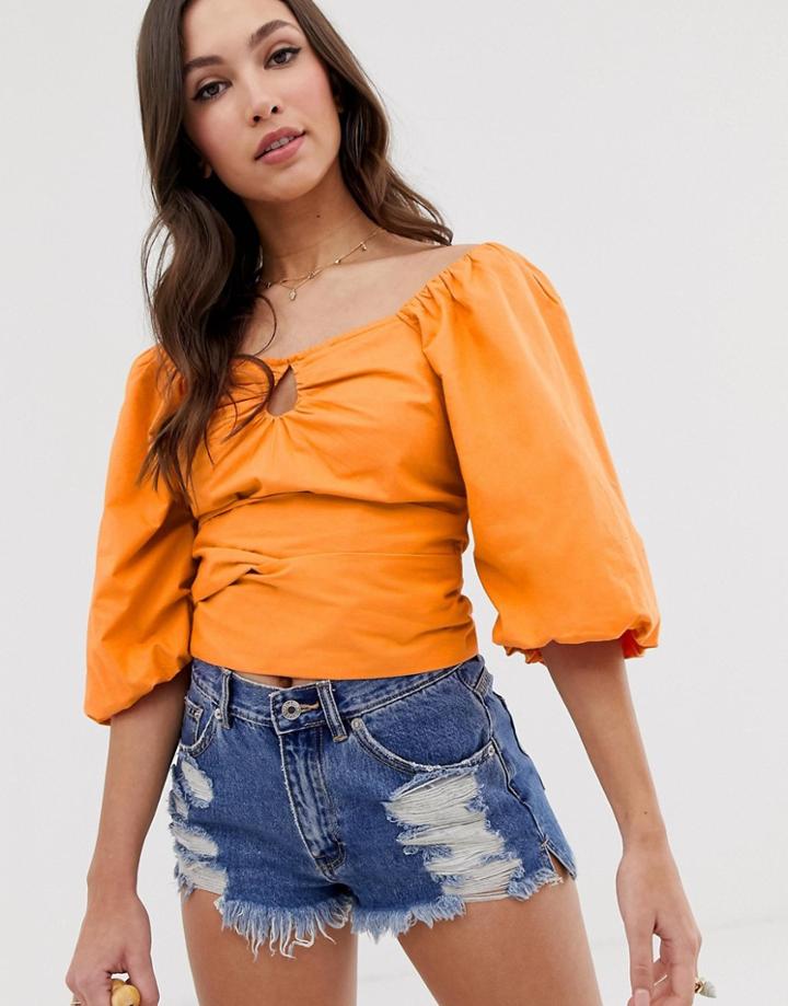 Asos Design Puff Sleeve Top With Tie Detail - Black