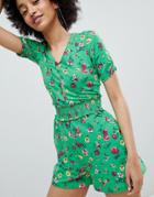 Bershka All Over Floral Printed Jumpsuit In Green - Green