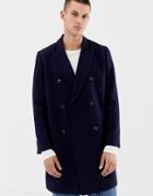 Asos Design Wool Mix Double Breasted Overcoat In Navy - Navy