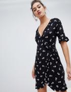 Heartbreak Wrap Dress With Frill Sleeve In Ditsy Print - Black