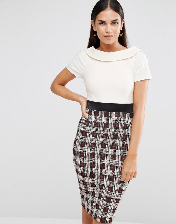 Vesper Pencil Dress With Check Skirt - Cream