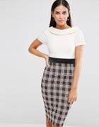Vesper Pencil Dress With Check Skirt - Cream