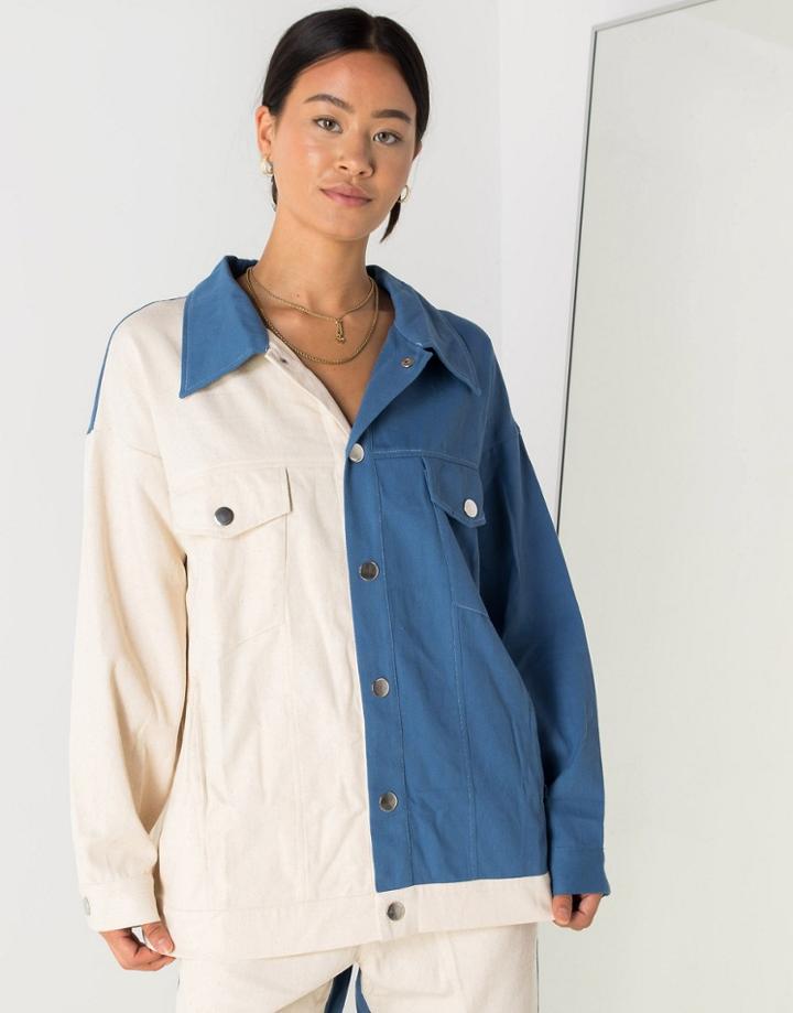 Daisy Street Relaxed Boyfriend Jacket In Color Block Denim-blues