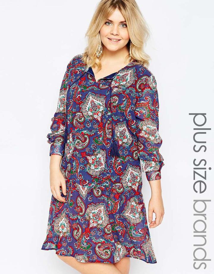 Diya Plus Smock Dress With Drop Hem In Vintage Paisley Print - Blue Paisley Print