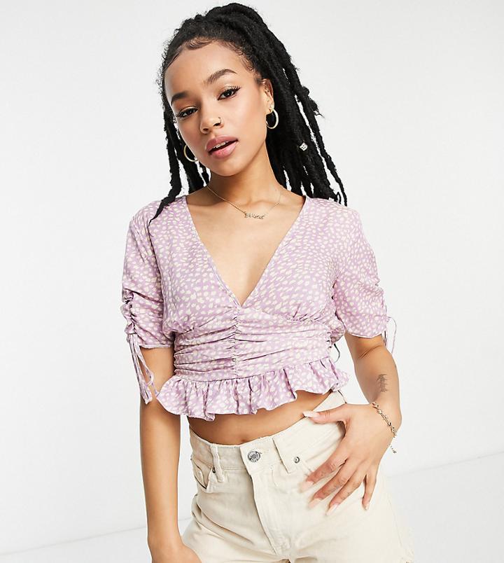 Asos Design Petite V Neck Tea Blouse With Ruched Waist Detail And Peplum Hem In Lilac Floral-multi