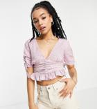 Asos Design Petite V Neck Tea Blouse With Ruched Waist Detail And Peplum Hem In Lilac Floral-multi