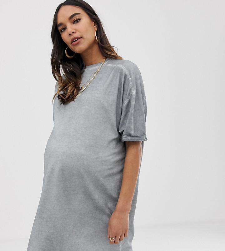 Asos Design Maternity T-shirt Dress With Rolled Sleeves And Wash - Gray