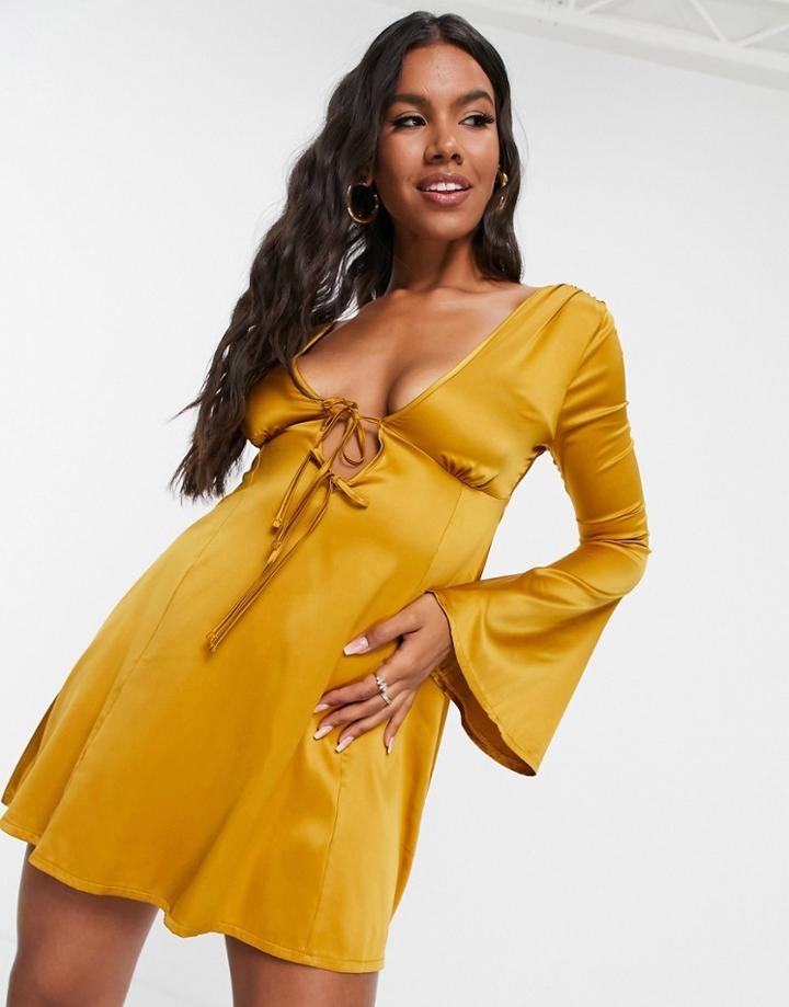 Asos Design Tie Front Fit And Flare Mini Skate Dress In Gold
