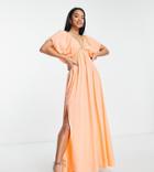 Asos Design Petite Recycled Flutter Sleeve Maxi Beach Dress In Coral-orange