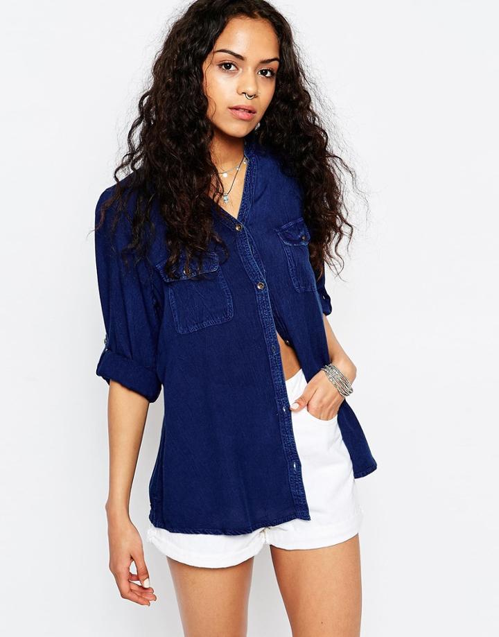 Brave Soul Longline Denim Shirt - Blue