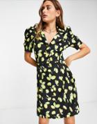 Trendyol Puff Sleeve Mini Dress In Lemon Print-black