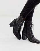 Asos Design Rivet Leather Square Toe Lace Up Boots In Black Croc - Black