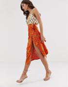 Never Fully Dressed Wrap Satin Midi Skirt In Orange Tiger Print-multi