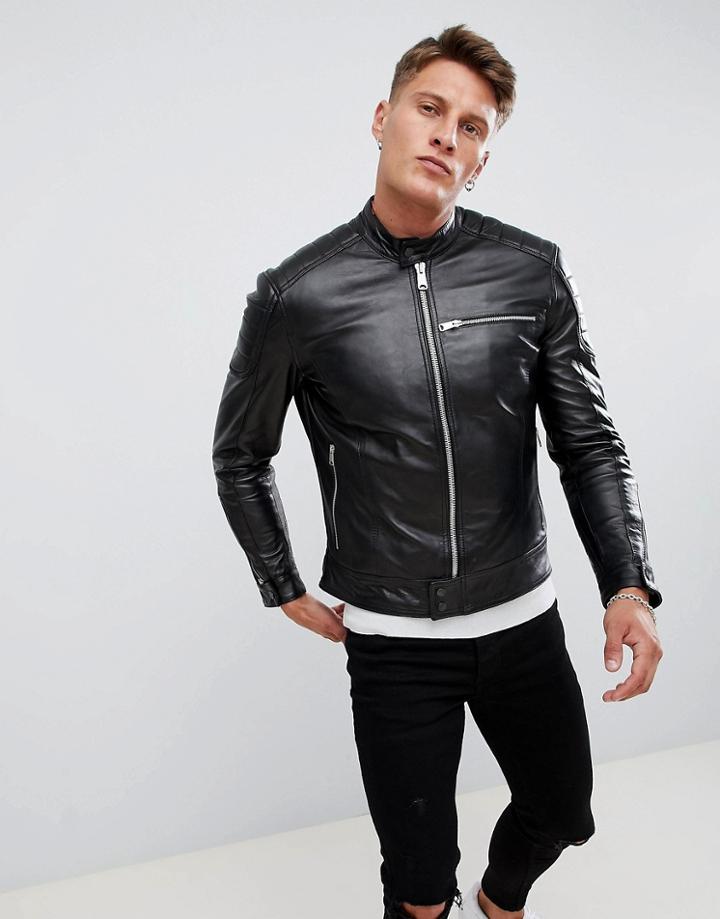 Replay Leather Biker Jacket In Black - Black