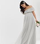 Maya Maternity Bridesmaid Bardot Maxi Tulle Dress With Tonal Delicate Sequins In Soft Gray - Gray
