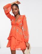 Asos Design Circle Trim Mini Dress With Floral Embellishment In Red