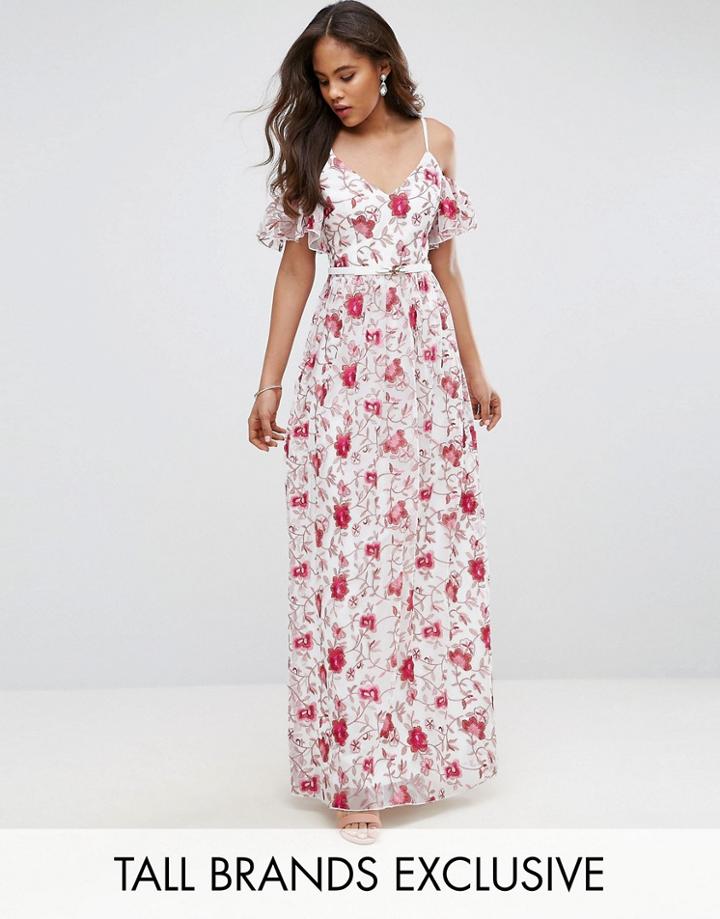 Little Mistress Tall Cold Shoulder All Over Premium Embroidered Maxi Dress - Multi