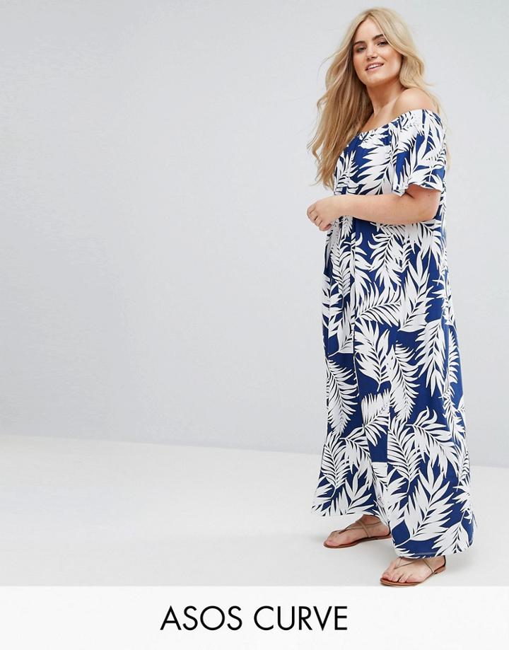 Asos Curve Off Shoulder Maxi Sundress In Navy Palm Print - Multi