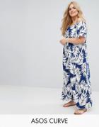 Asos Curve Off Shoulder Maxi Sundress In Navy Palm Print - Multi