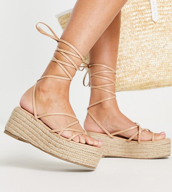 Glamorous Wide Fit Strappy Espadrille Flatform In Tan-brown