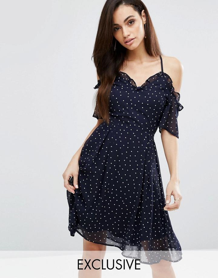 Prettylittlething Polka Dot Cold Shoulder Ruffle Dress - Navy