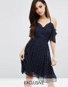Prettylittlething Polka Dot Cold Shoulder Ruffle Dress - Navy