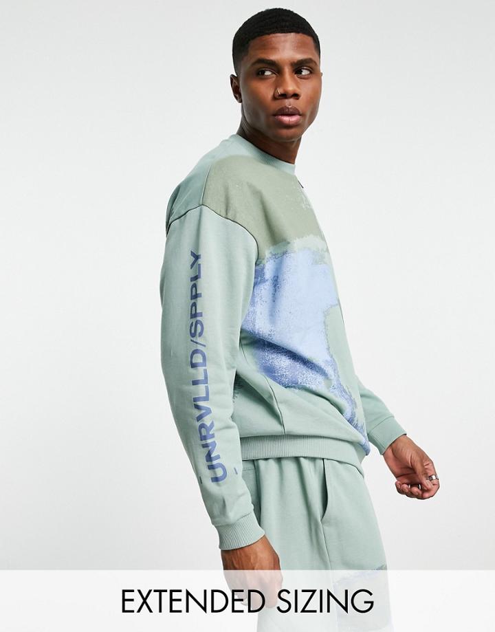 Asos Unrvlld Spply Oversized Sweatshirt With Abstract Print In Light Green - Part Of A Set